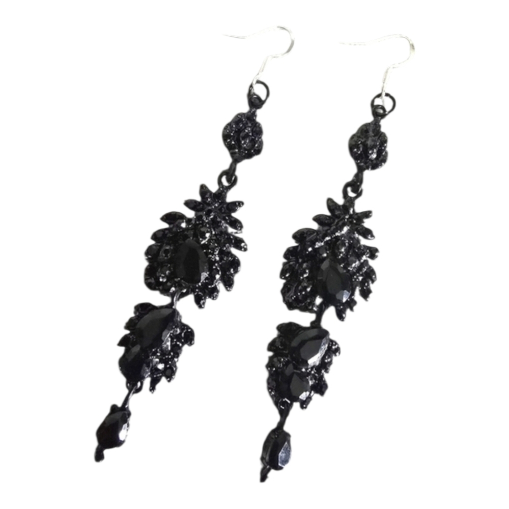 Vintage Black Floral Rhinestone Dangle Teardrop Earrings